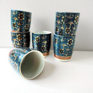 Japanese Yunomi Tea Cups set of 6, Kutani Vintage Porcelain, Traditional Teaware